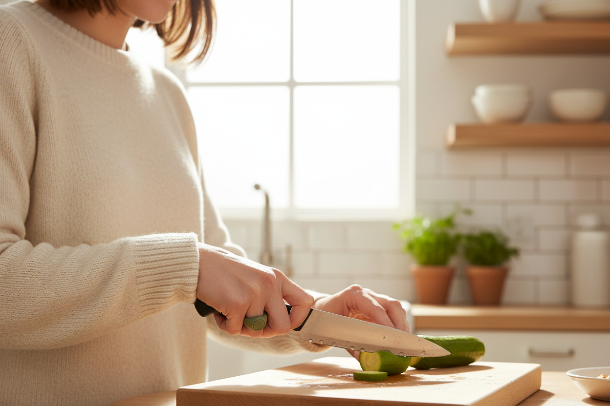 Mom in kitchen wearing green ring