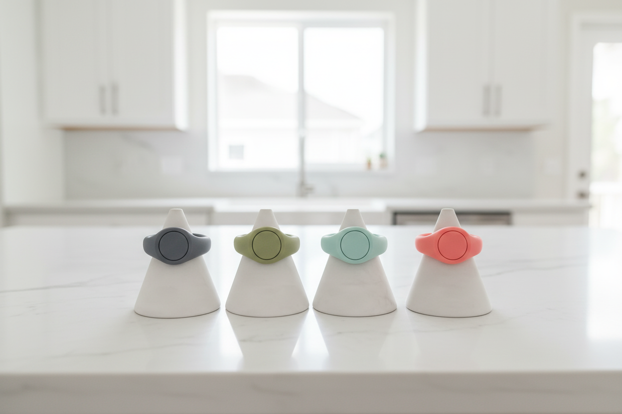 Rings with marble veined cone stands in white kitchen